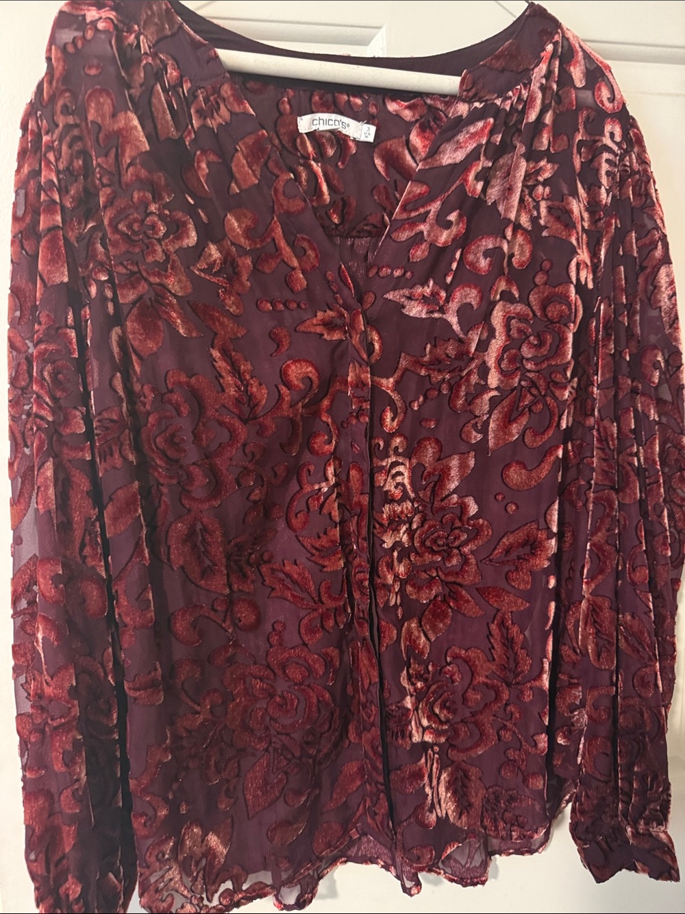 Chico's Burgundy and Rust Floral Burnout Blouse